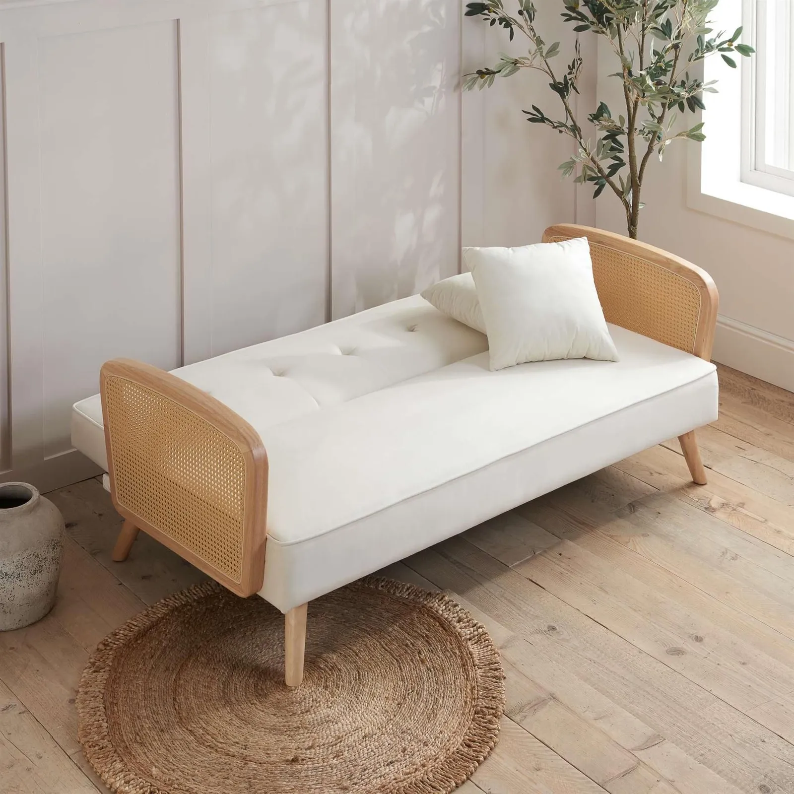 Birlea Rattan Sofa Bed White Boucle Fabric Lima 3 Seater Settee Click Clack 2