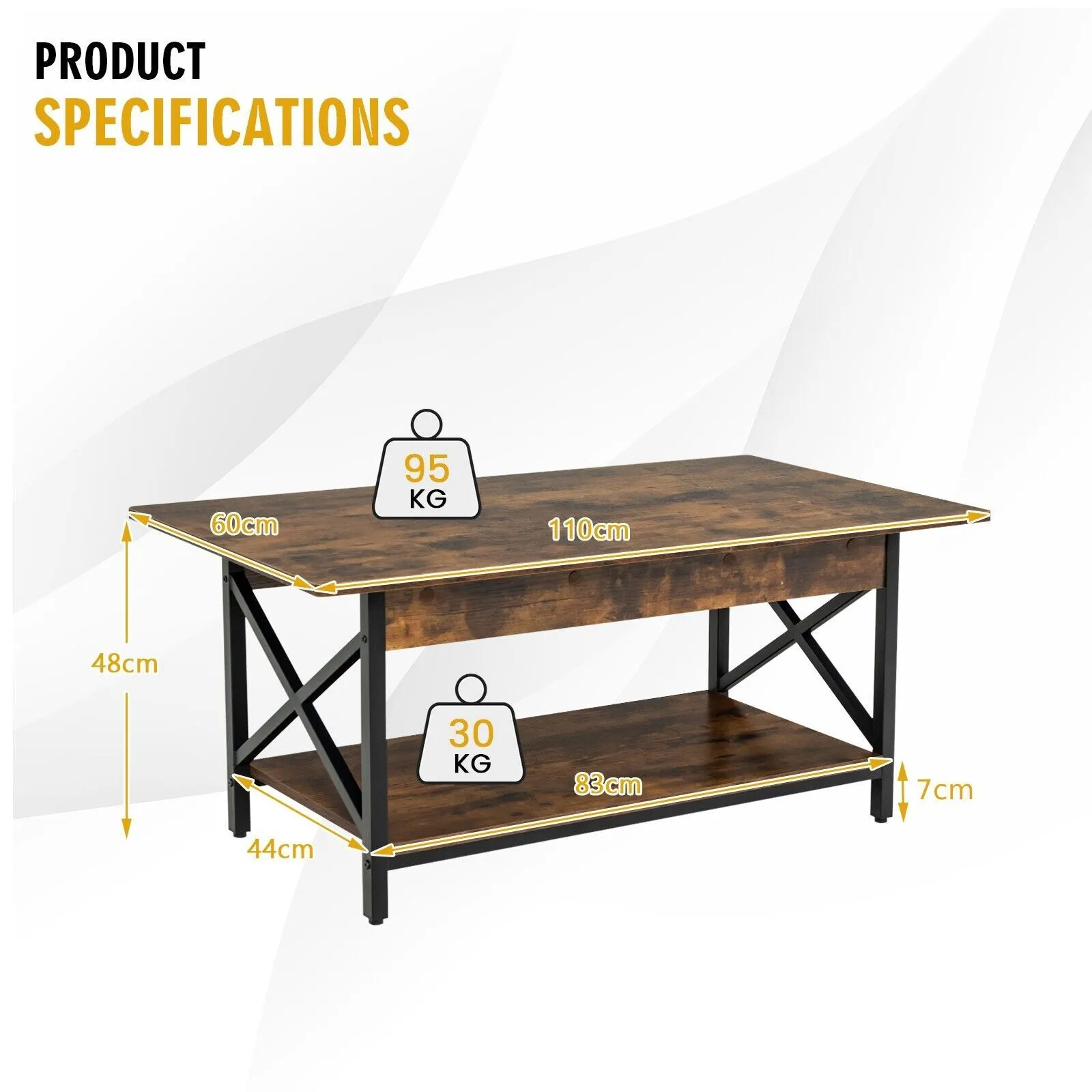 Costway 2-Tier Industrial Coffee Table Home Cocktail Tea Side Table with Storage Shelf in Brown 2