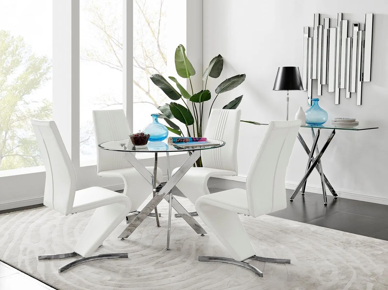 FurnitureboxUK Novara Round 100cm Chrome Metal & Glass Dining Table & 4 Willow Dining Chairs Set in White 1