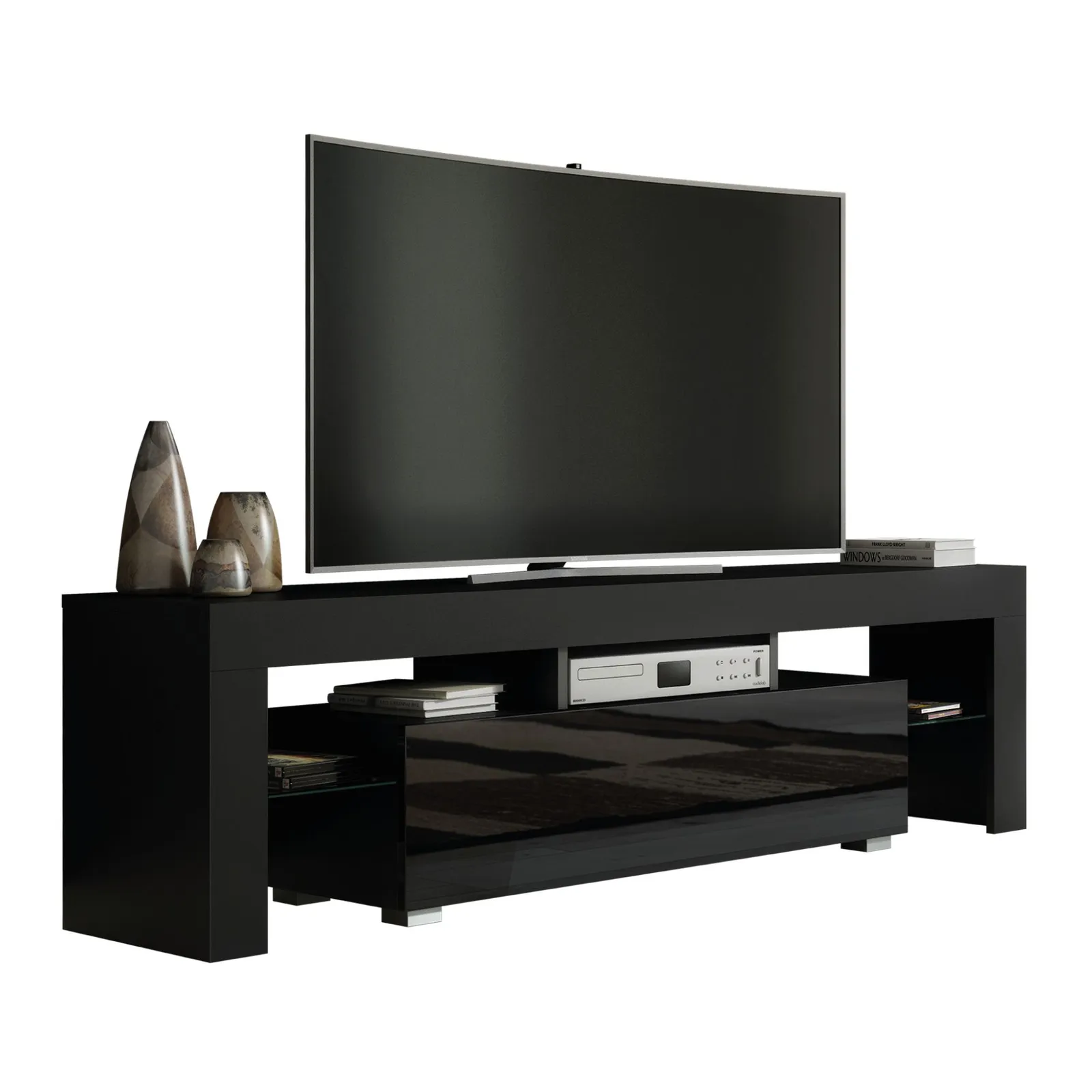 Creative Furniture TV Unit 160cm Stylish Modern - Black with High Gloss Doors 3