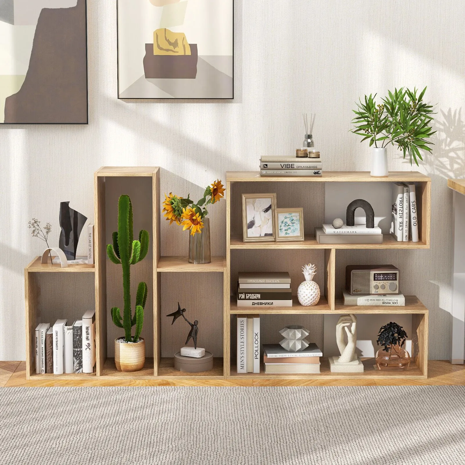 Costway Convex Bookshelf 3-Shelf Bookcase Modern Display Storage Shelf in Natural 4