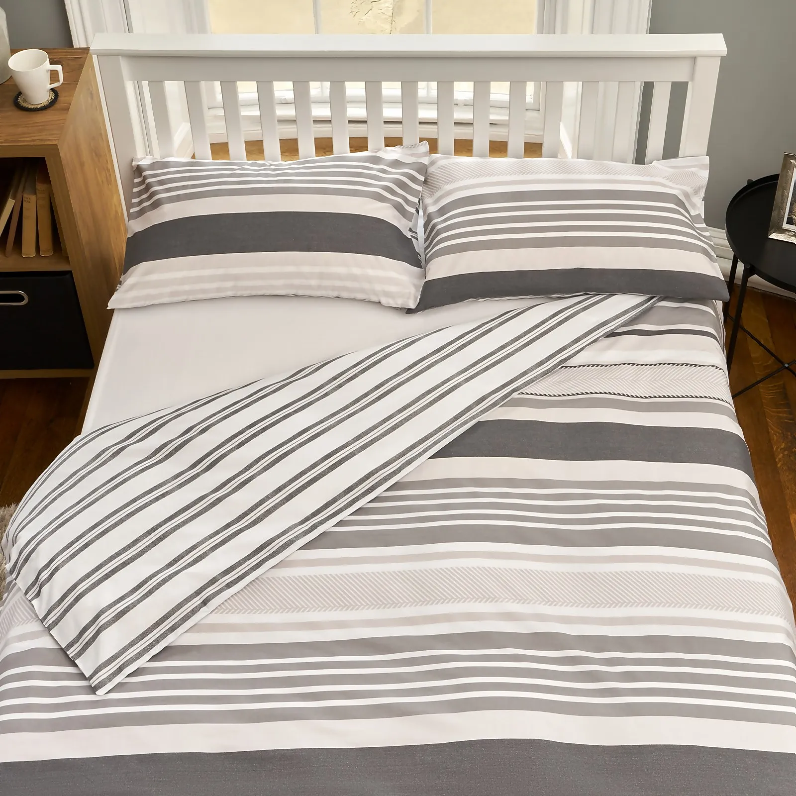 The Willow Manor Easy Care Percale Double Duvet Set Metro Stripe - Grey