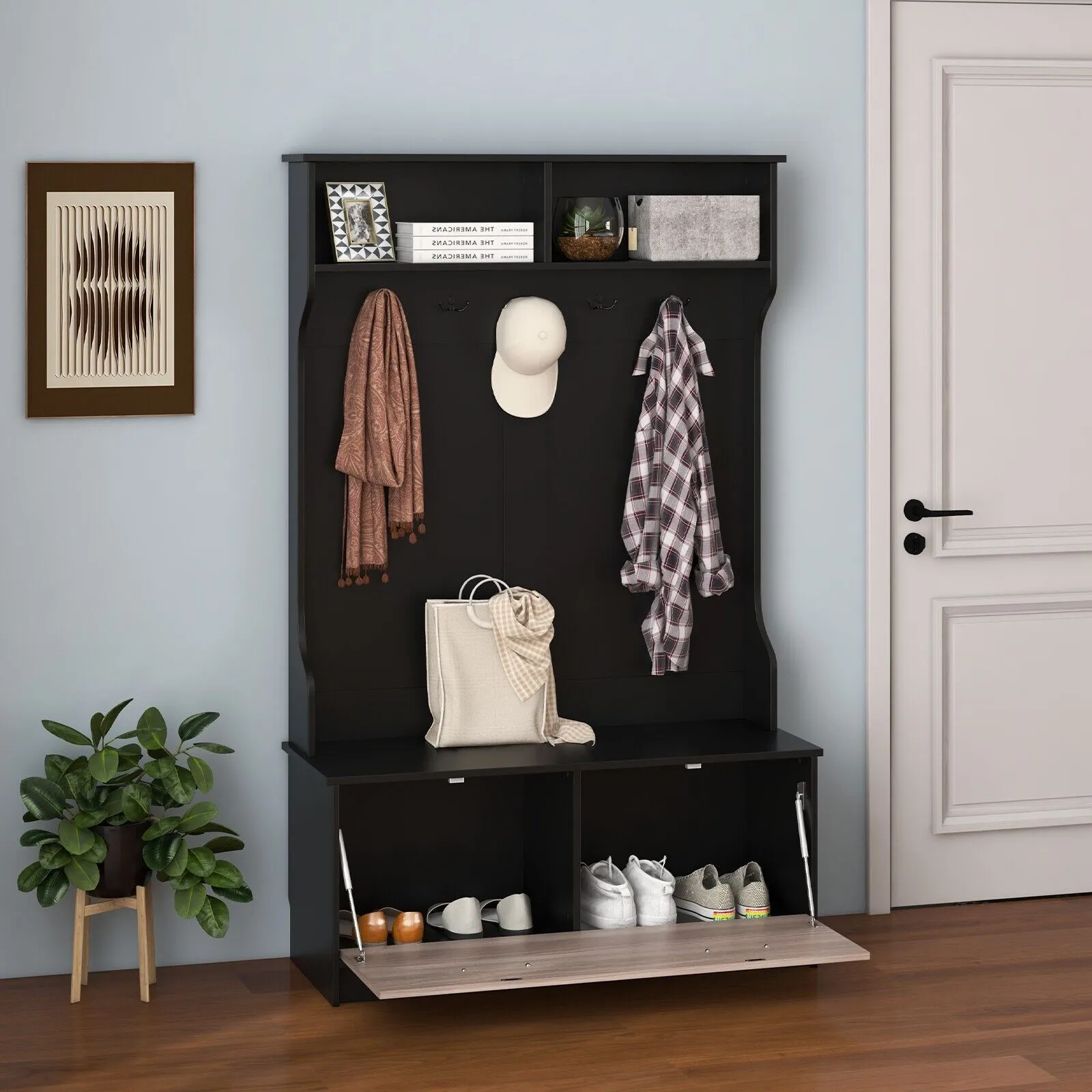 Costway 3-in-1 Freestanding Hall Coat Rack Stand Shoe Bench with 5 Hooks & Cabinet in Black 3