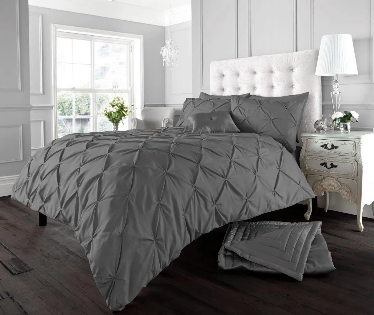 Smart Living Polycotton Pintuck Duvet Cover With Pillowcases in Charcoal 1
