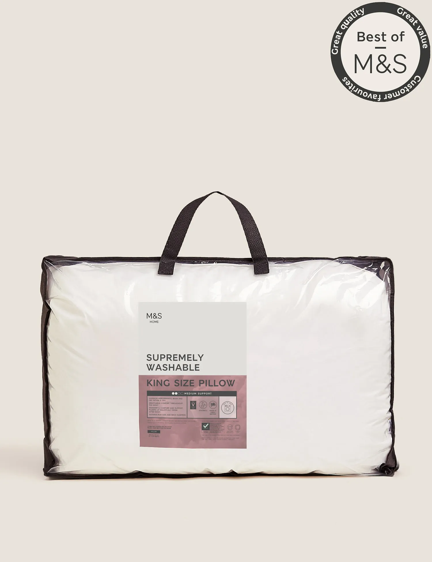 M&S Smart Wash & Dry Medium King Size Pillow White