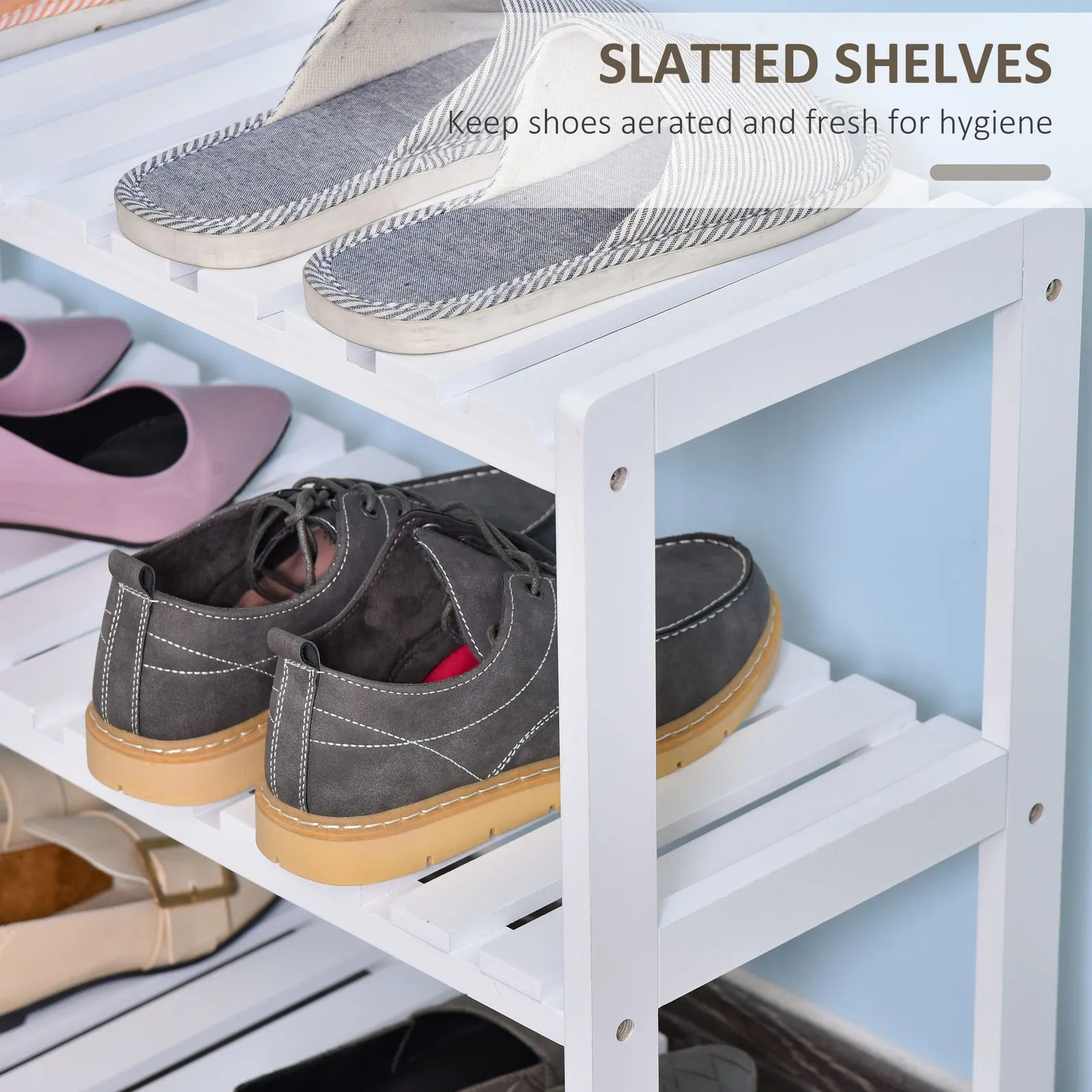 HOMCOM 3-Tier Shoe Rack Wood Frame Slatted Shelves Open Hygienic Storage in White 5