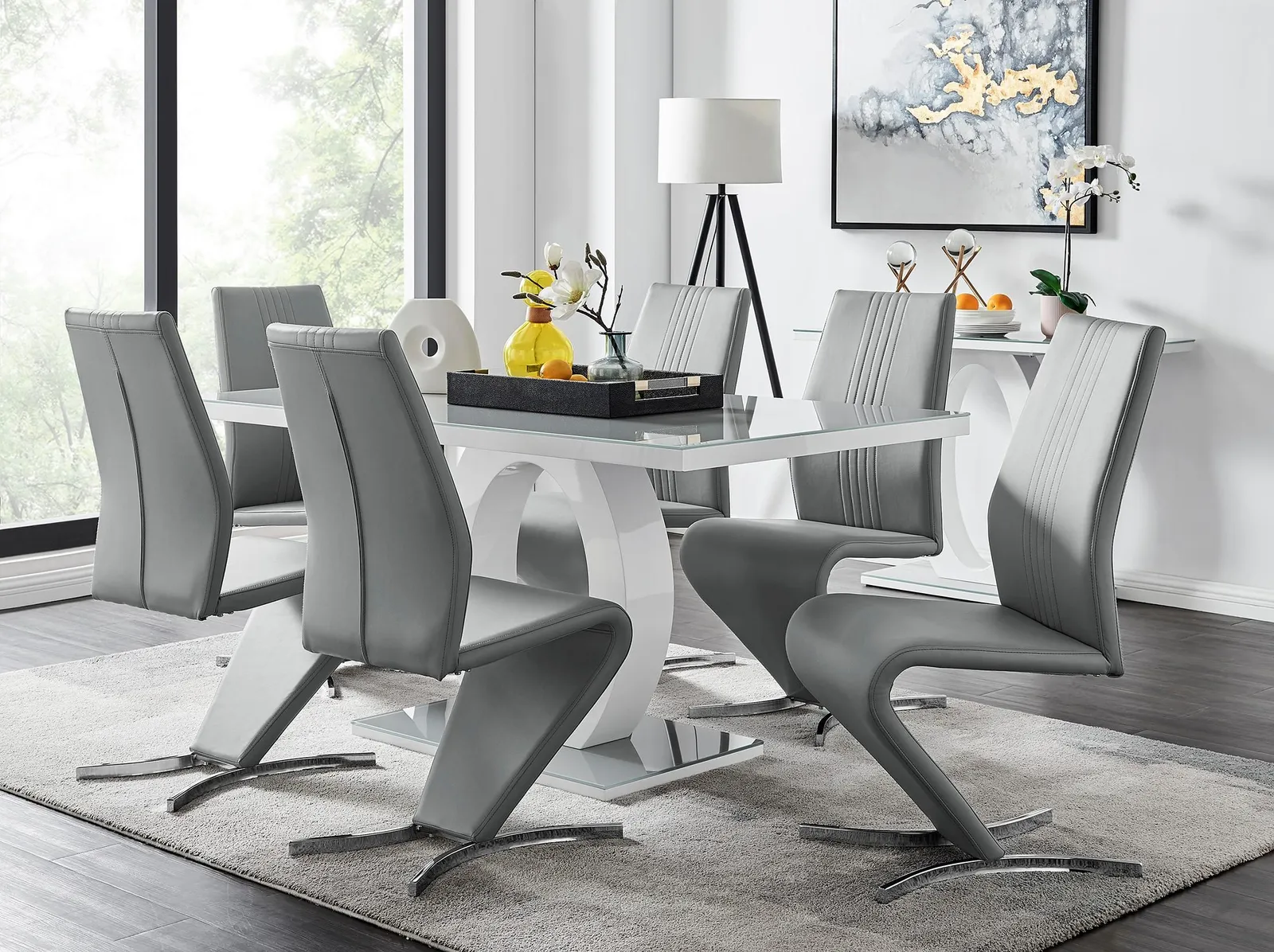 FurnitureboxUK Giovani 6-Seater Grey Glass Dining Table & 6 Willow Faux Leather Dining Chairs