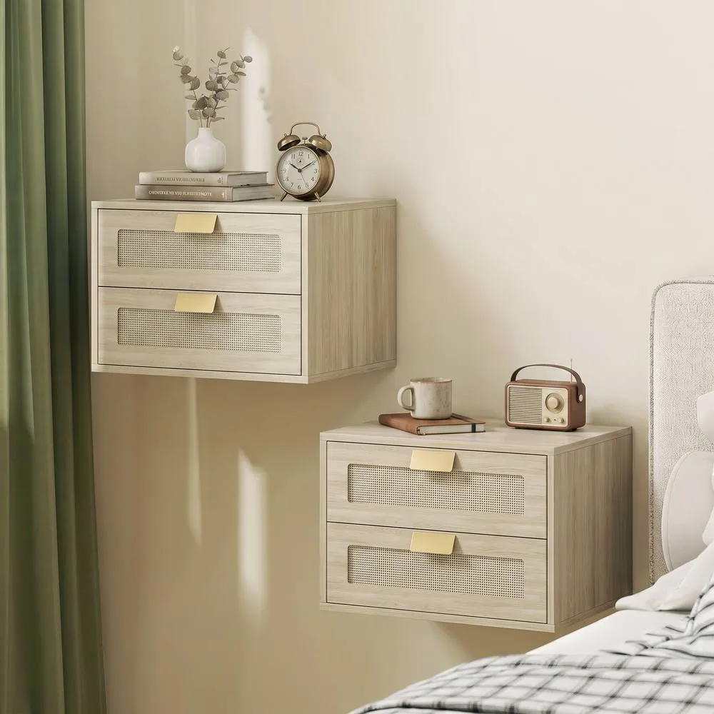 HOMCOM Modern Floating Nightstands Set of 2, 2 Drawers Bedside Tables, Oak in Natural 2