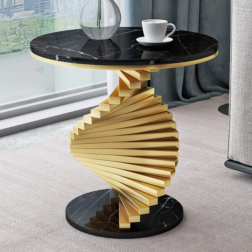 Round Marble Tabletop End Table with Metal Frame Modern Black & Gold Side Table