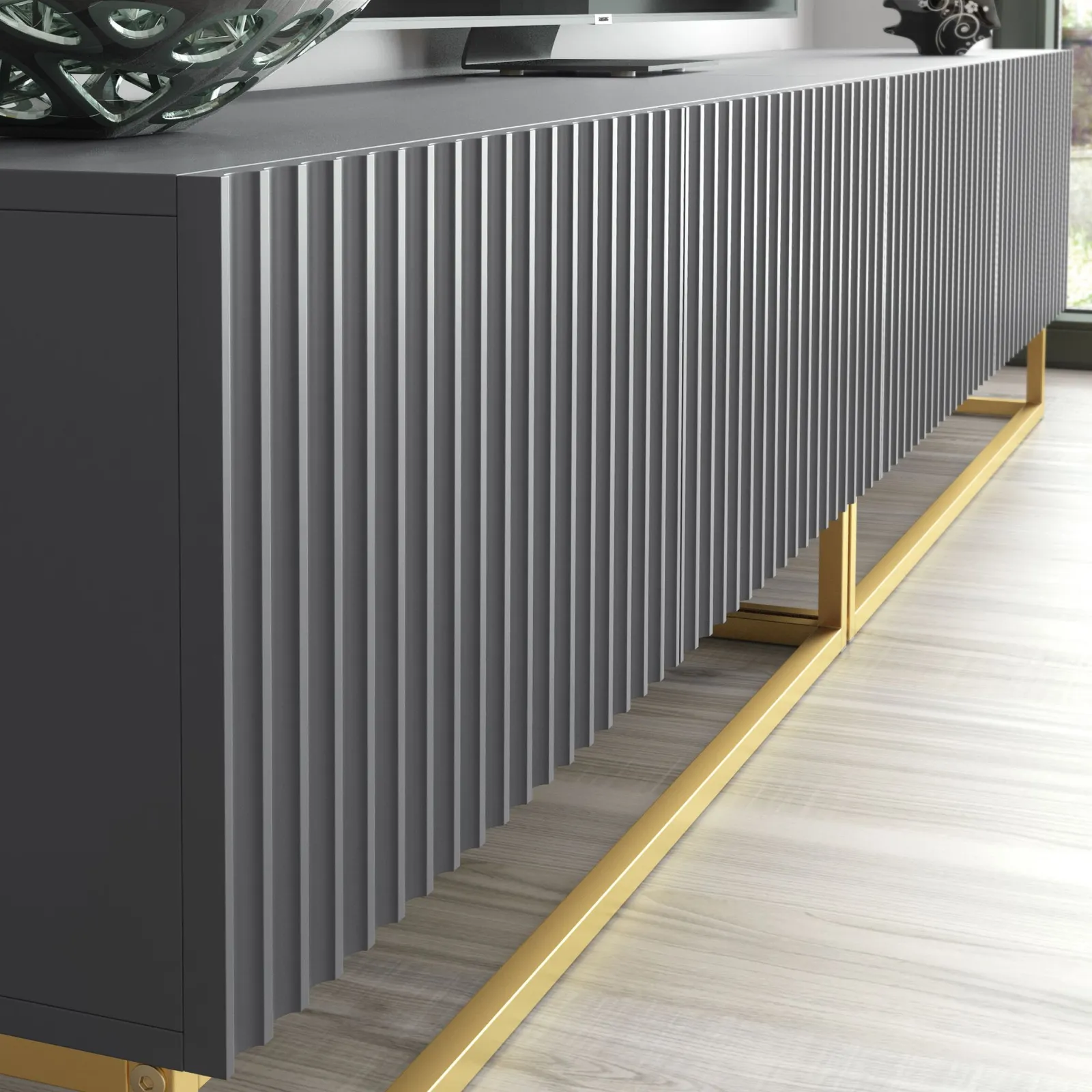 Creative Furniture Ripple Duo TV Unit 200cm - Modern Fluted Design with Push to Open Doors in Grey 4