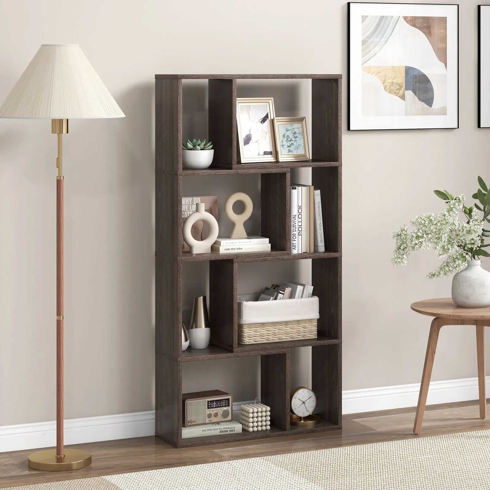 Costway 5-Tier Geometric Bookshelf 120 CM Tall Bookcase Modern 8-Cube Display Shelving in Grey 3
