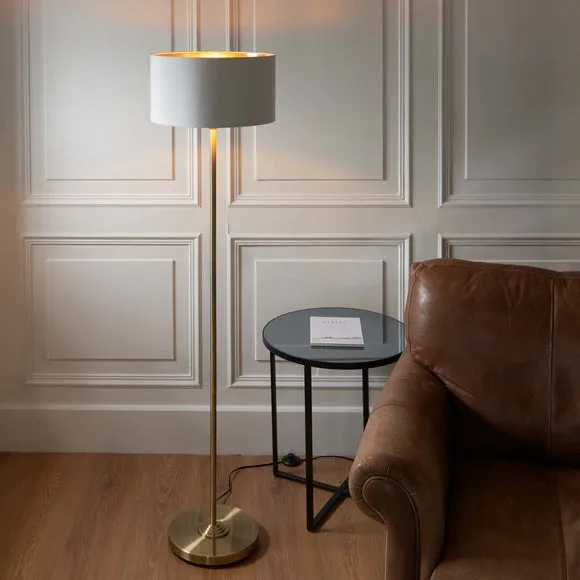 Endon Collection Highclere Floor Lamp With Shade Antique Brass Plate Vintage White Fabric 1X E27, Gold
