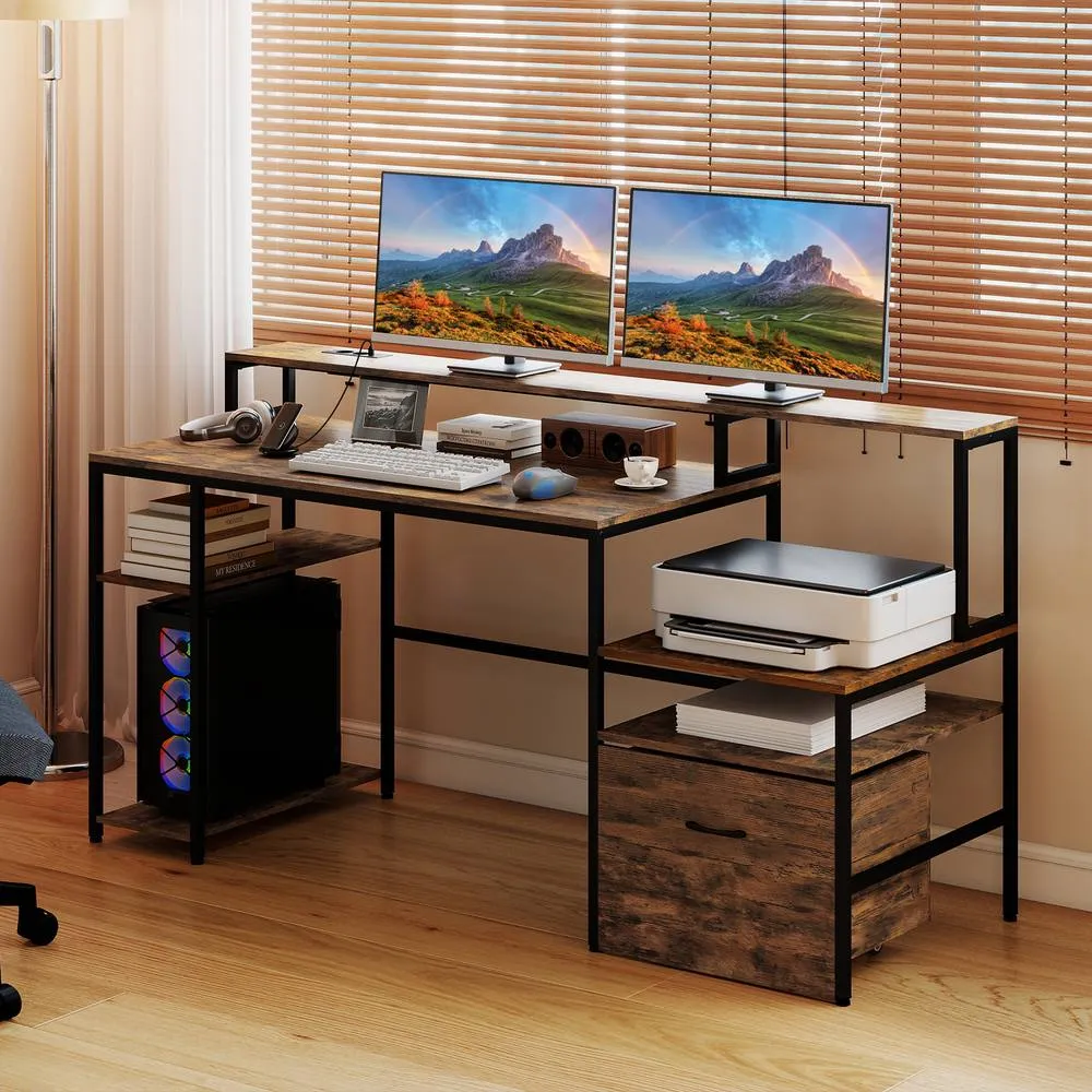 Costway Desk with Charging Station Multi-tiered Computer Workstation with Drawer in Brown 3