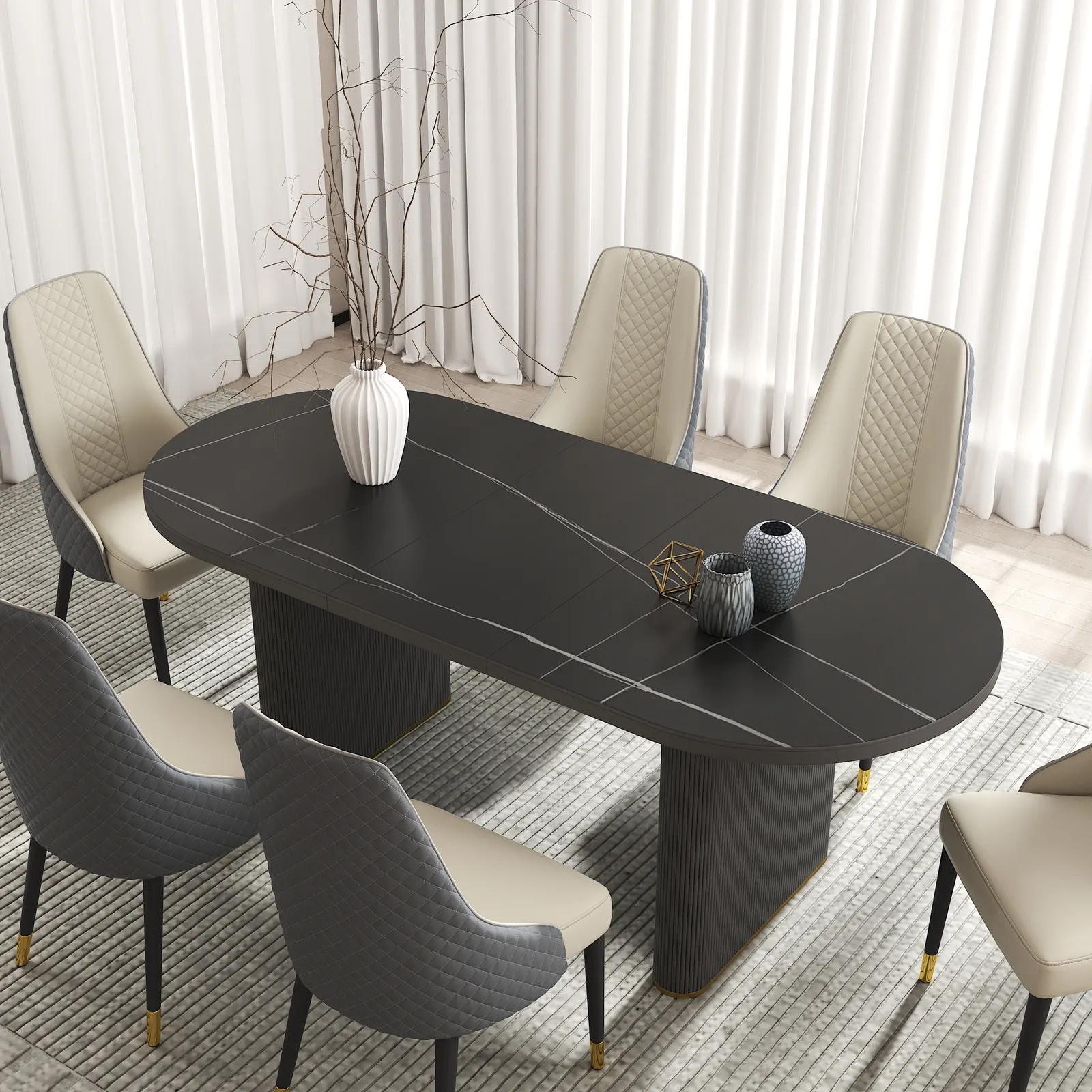 2007 mm - 2413 mm Oval Dining Table Extendable Butterfly Leaf Sintered Stone Top 8-10 Seater Black