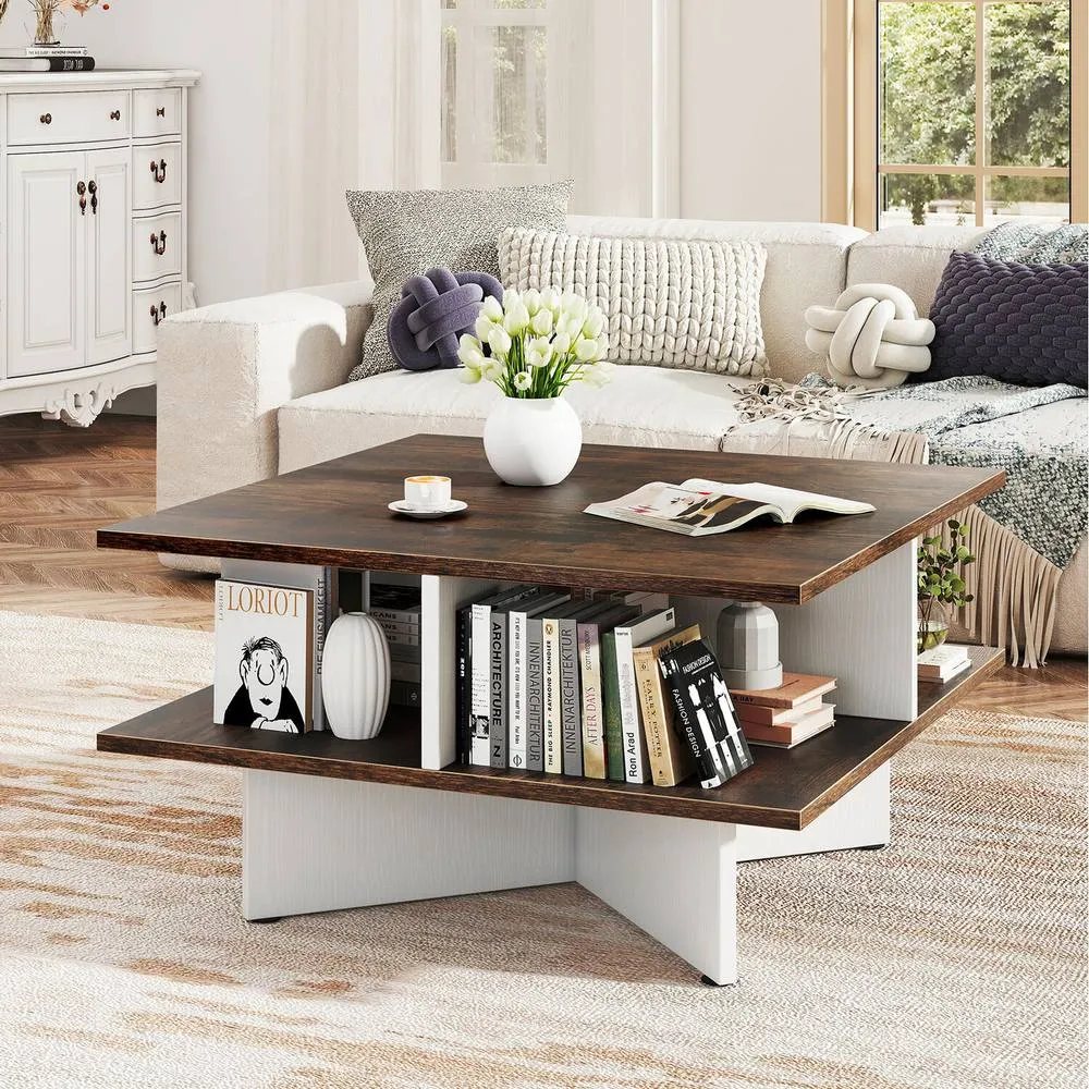 Costway 2-Tier Square Coffee Table 60cm Living Room Center Table-Brown in Brown 4