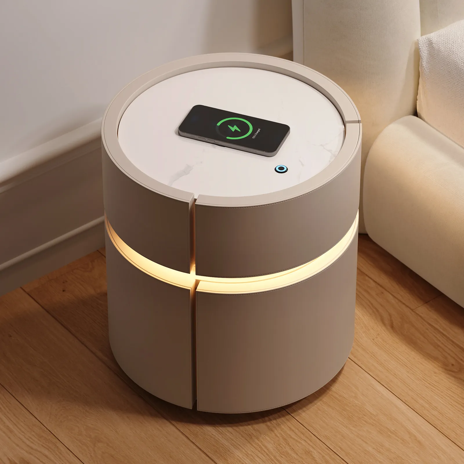 Round Saddle Leather Bedside Table with Wireless Charging Bedside Table in Beige