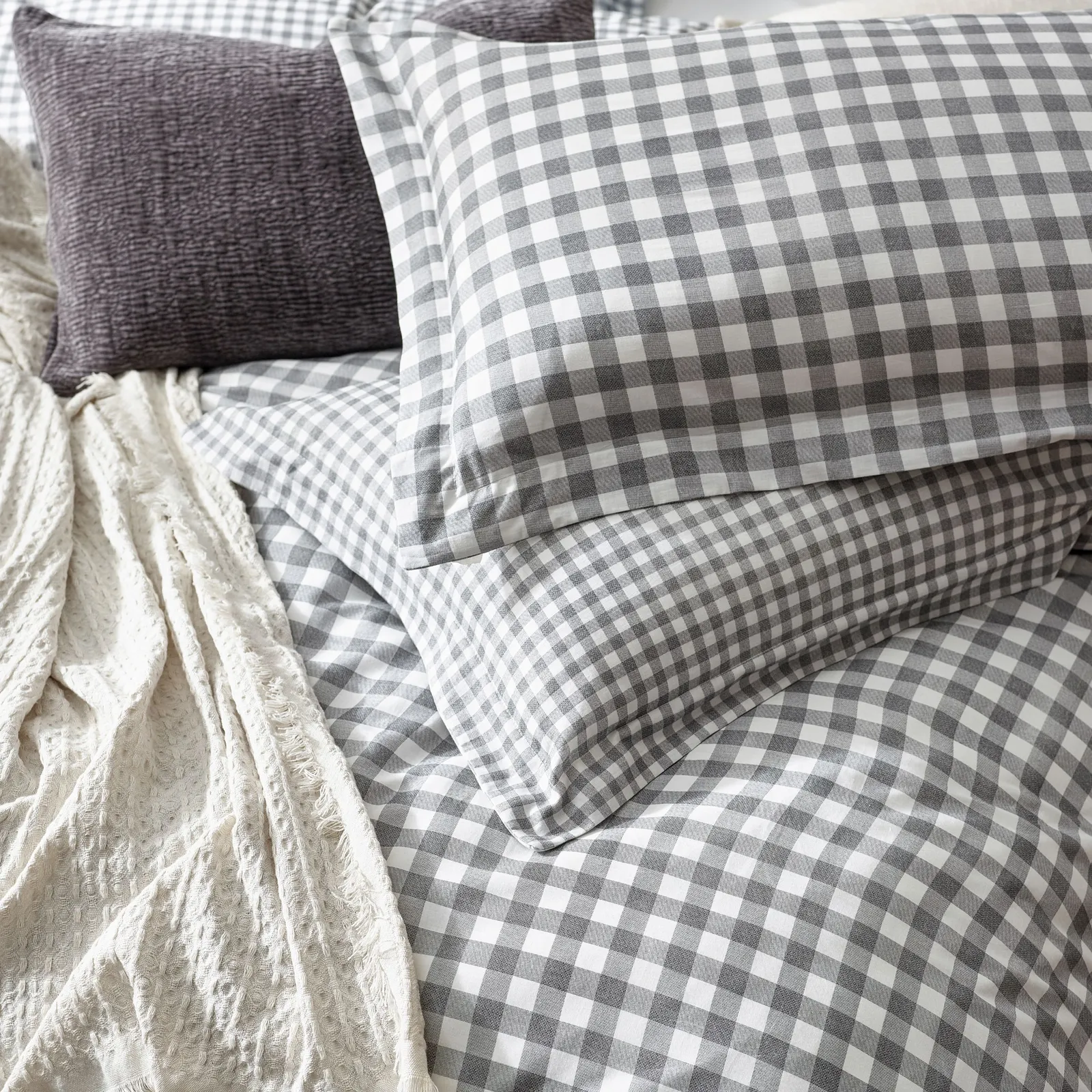 Yard Barton Gingham Check Duvet Cover Set, Double, Grey, Grey 3