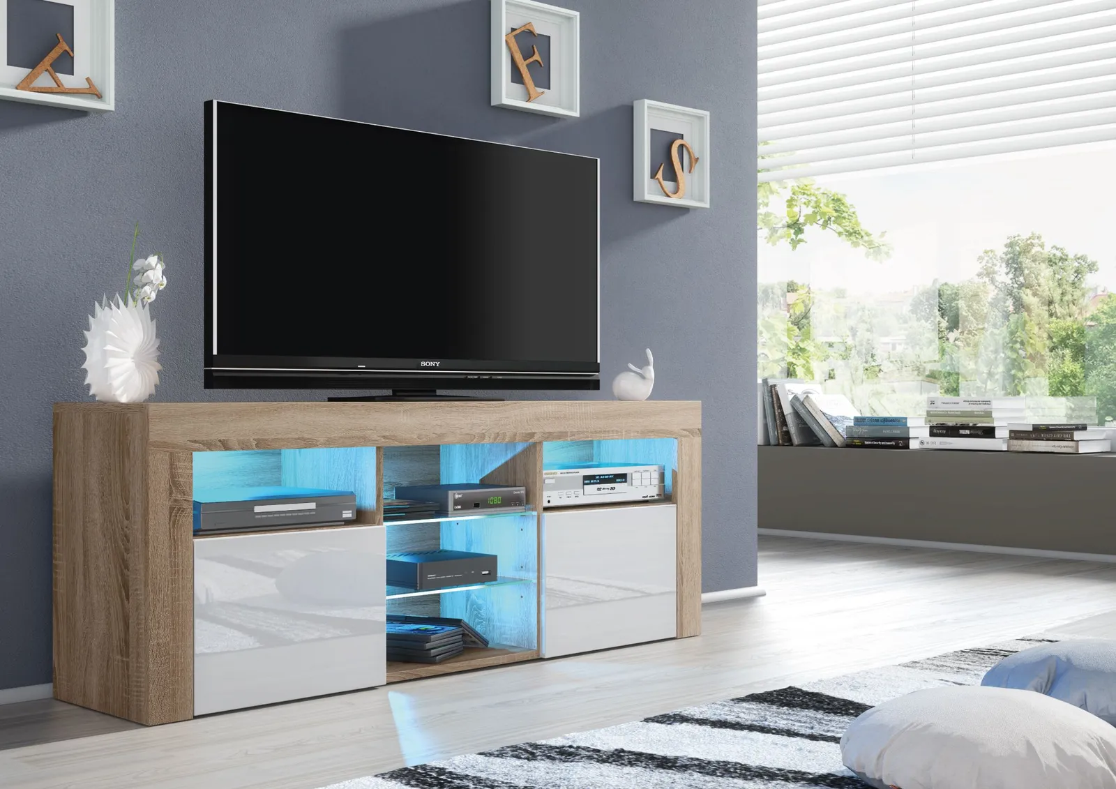 Creative Furniture Pulse TV Unit 145cm - A Stylish & Practical Cabinet with Gloss Doors & LED Lights in Light Oak 4