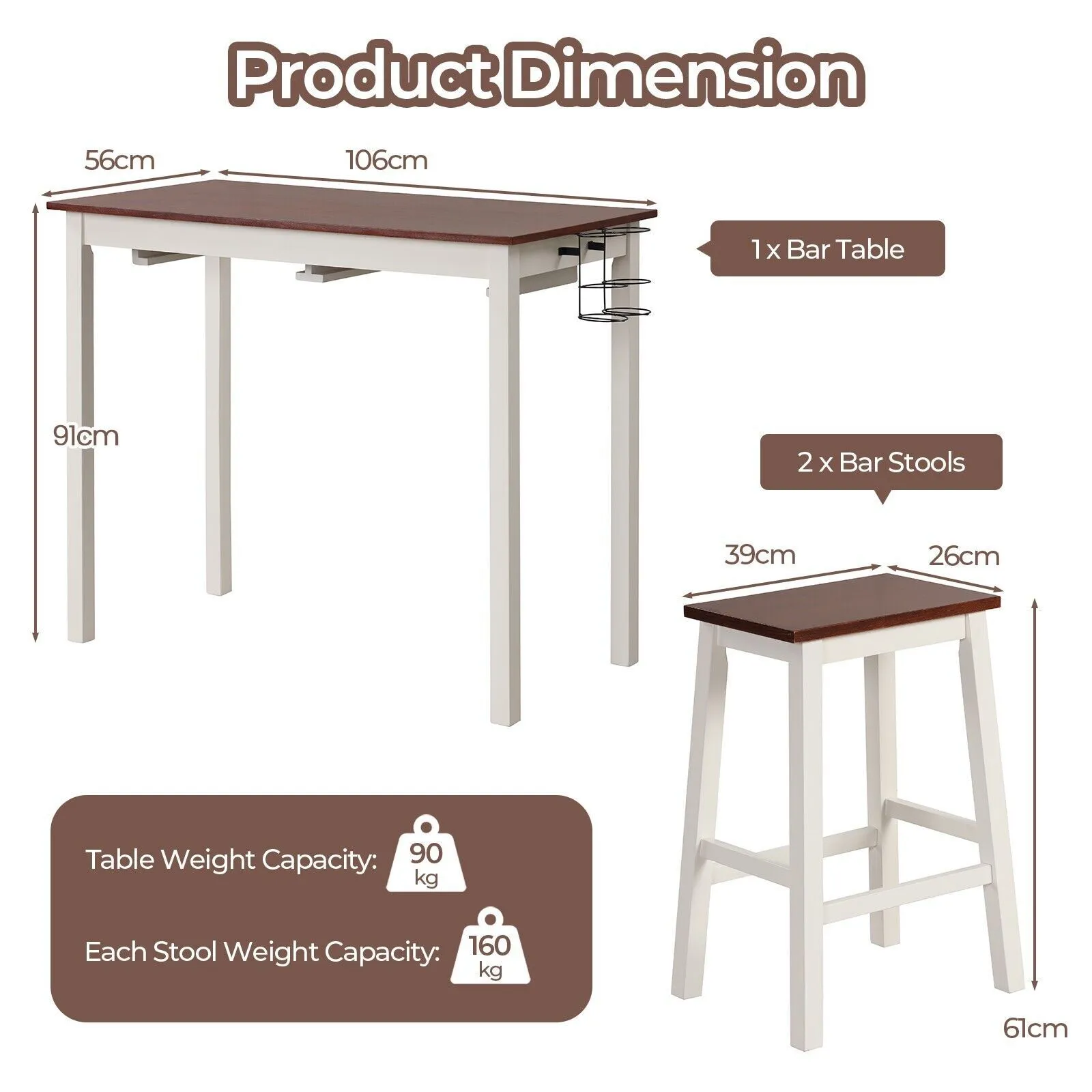 Costway 3Piece Bar Table Set Kitchen Counter Height Pub Table W/Bar Stools SpaceSaving in White 2