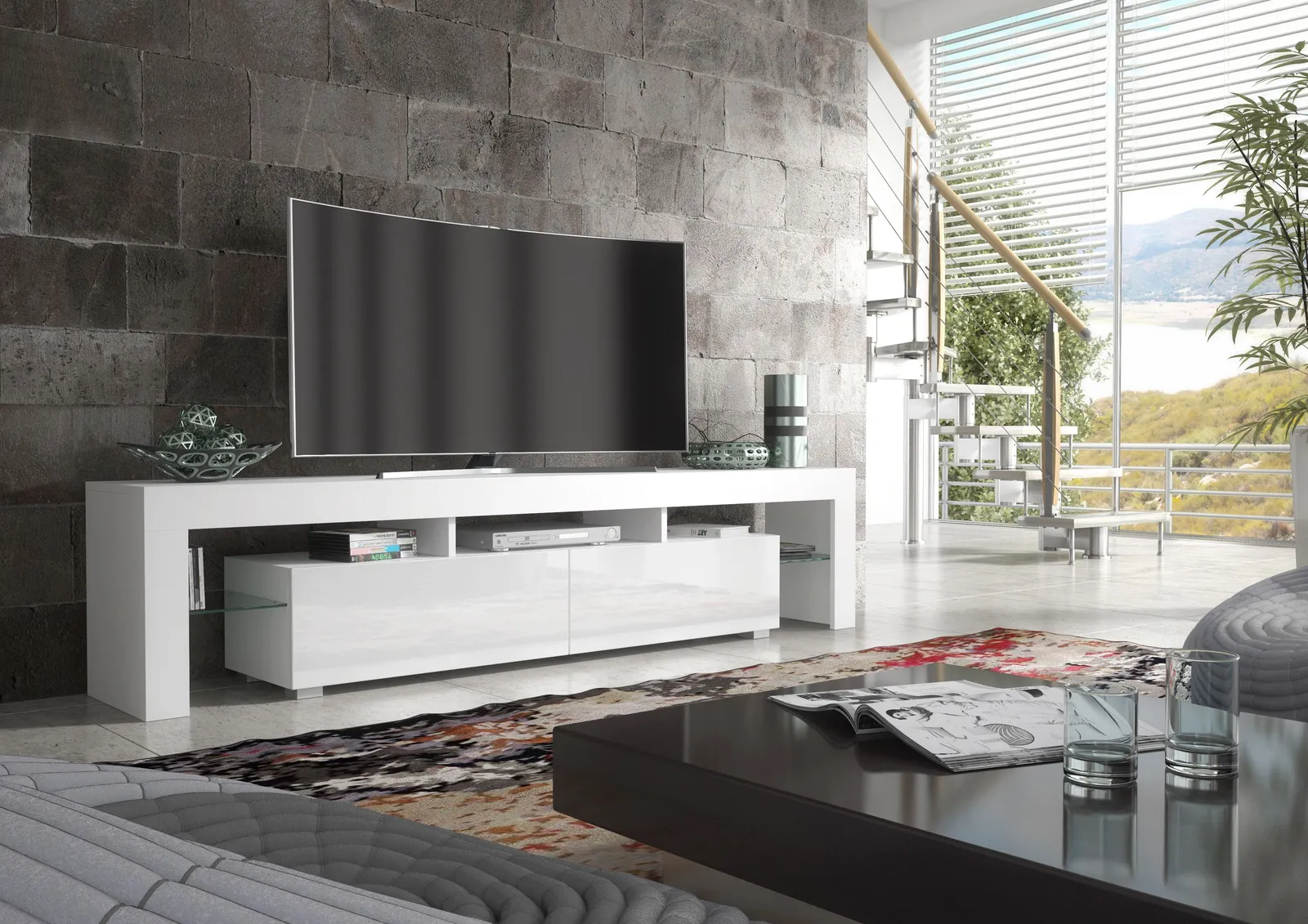 Creative Furniture TV Unit 200cm Modern - White with High Gloss Doors 2