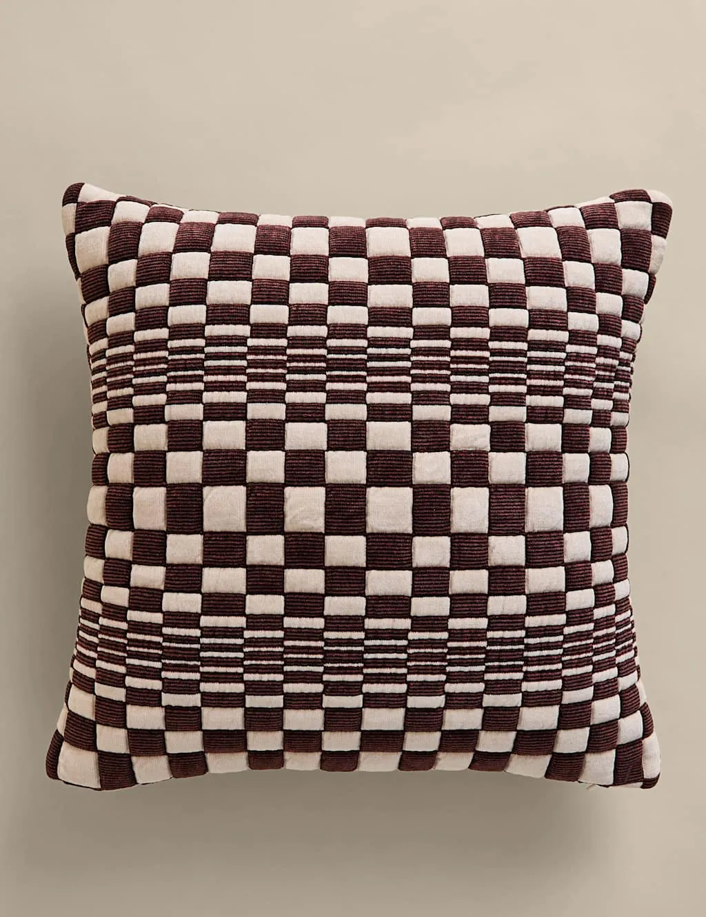 M&S Chenille Checked Quilted Cushion Rust Mix