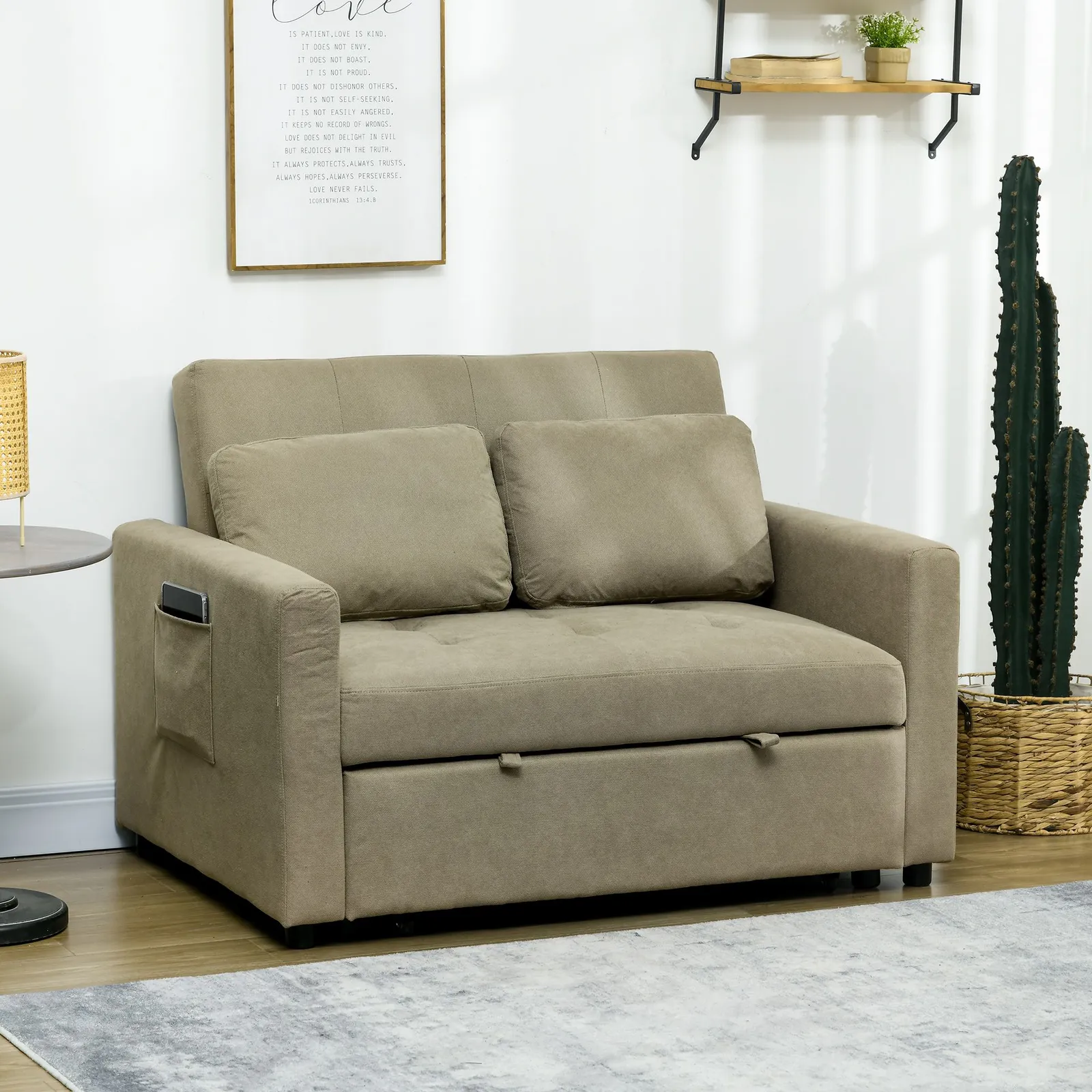 HOMCOM 2 Seater Sofa Bed Convertible Bed Settee with Cushions, Pockets in Brown