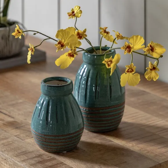 Cedar & Sage Set of 2 Southwold Ribbed Ceramic Teal Vase 4