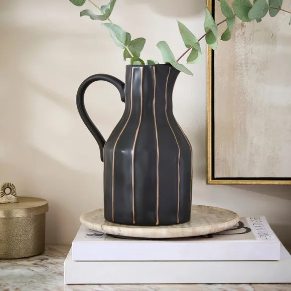 Black & Brown Striped Ceramic Jug Vase