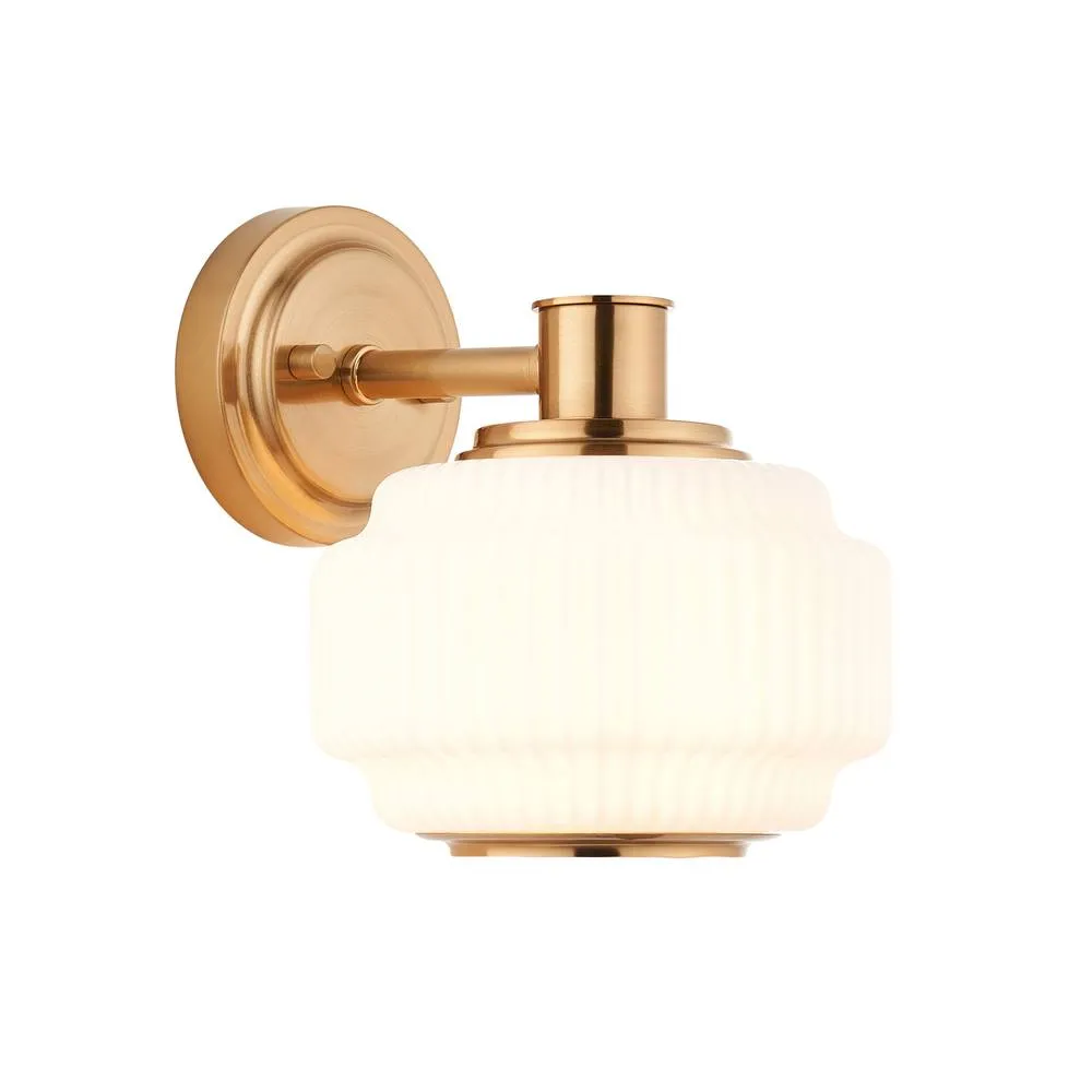 Netlighting Evora Globe Wall Lights Brushed Aged Brass Opal Ribbed Glass in Gold