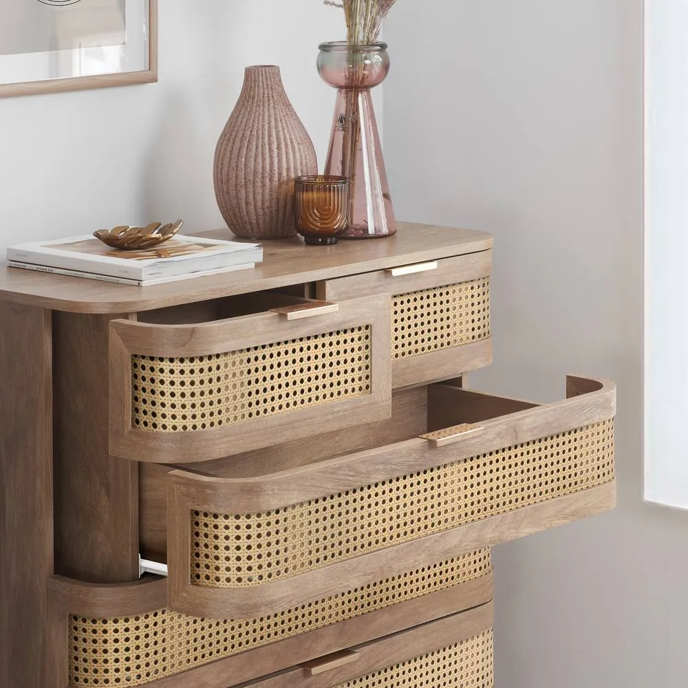 Birlea Rattan Chest of 5 Drawers Sark Brown Oak Mid Century Modern in Beige 2