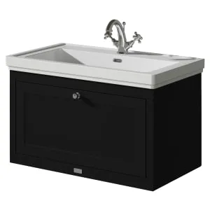 Bayswater Hartleigh Matt Black Traditional Wall Hung Vanity Unit & 1 Tap Hole Traditional Recessed Basin - 800mm 2