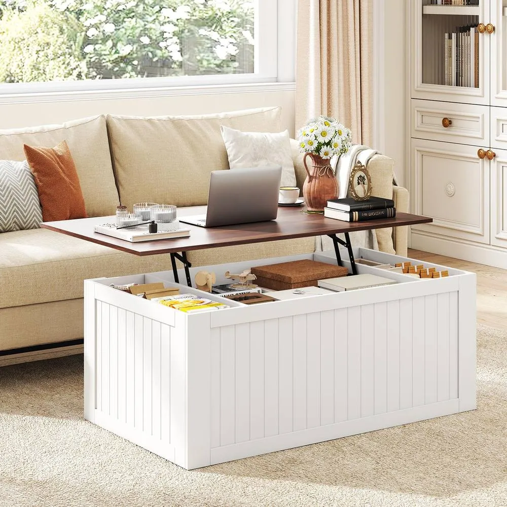 Costway 120 cm Farmhouse Center Table Lift Top Coffee Table with Doors White 4