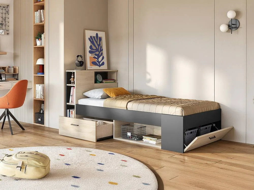 Vente-unique Bed With Headboard, Storage & Drawer - 90 X 190 Cm - Anthracite and in Grey 5