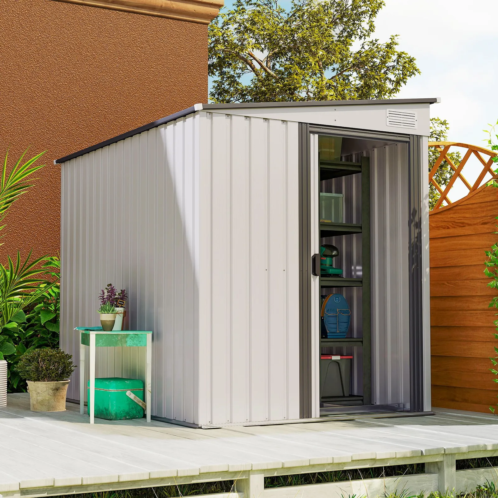 OUTSUNNY 7 x 5FT Garden Shed w/ Foundation Lean to Metal Tool Shed in White
