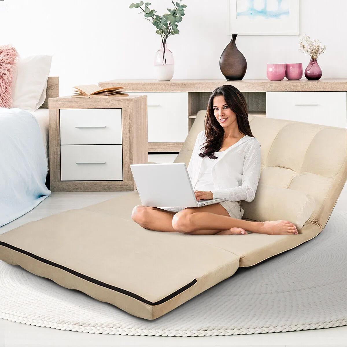 Costway 3 IN 1 Folding Lazy Sofa Bed Floor Sleeper Seat 6-Position Adjustable 2 Pillows in Beige 3