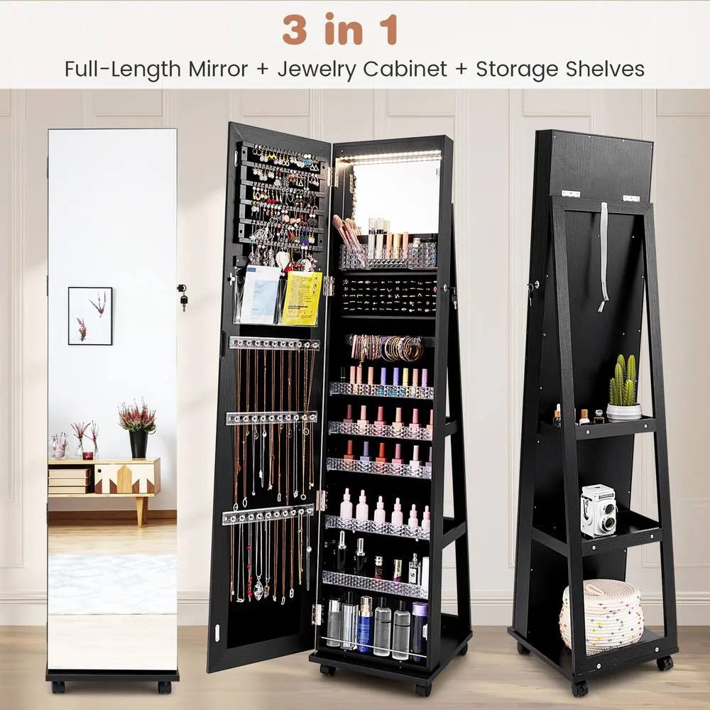 Costway 3-in-1 Jewelry Cabinet 360° Swivel Mirror Jewelry Armoire in Black 5