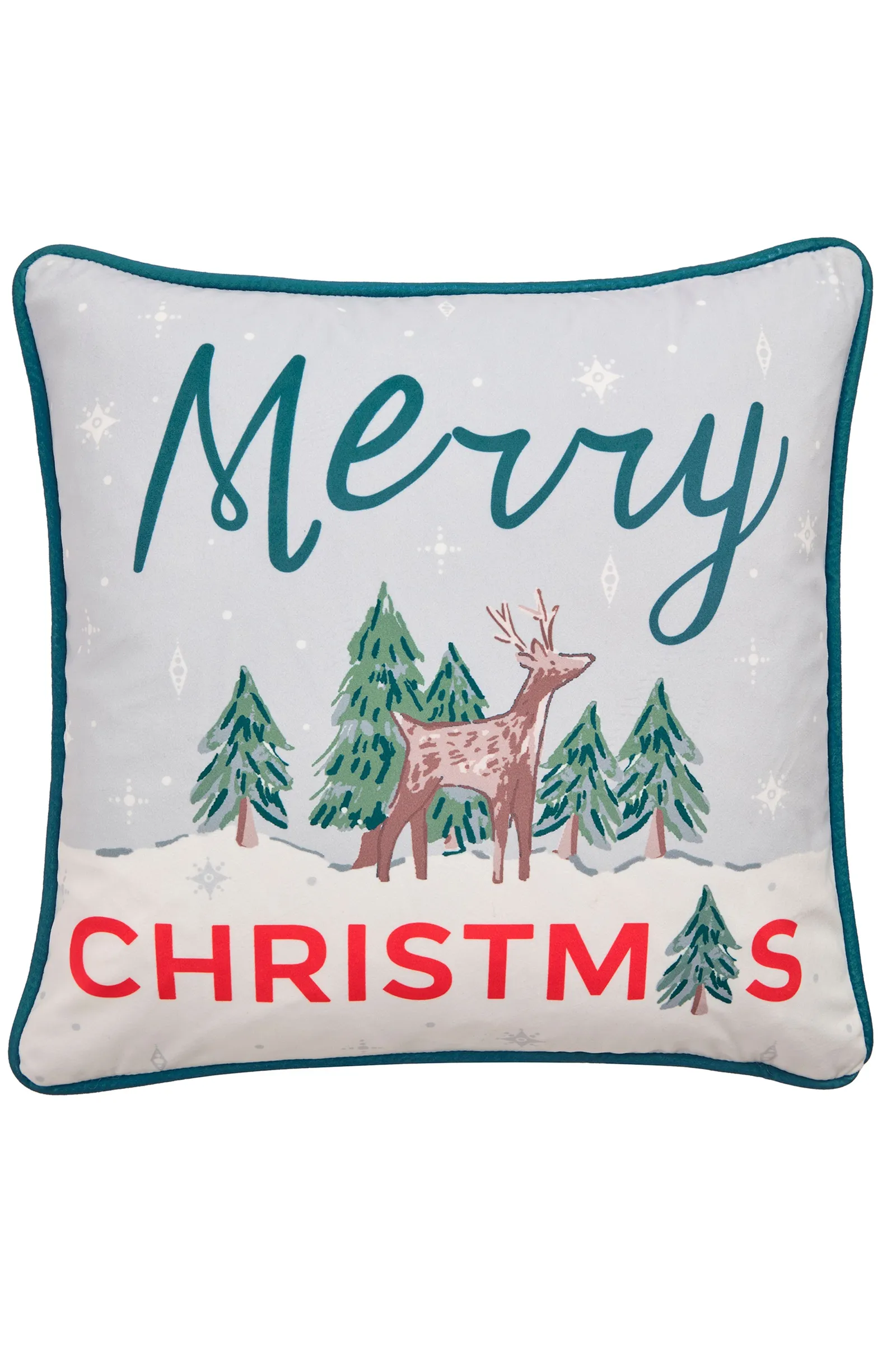 Fusion 'Merry Christmas Deer' Festive Print Velvet Filled Cushion in Green 2