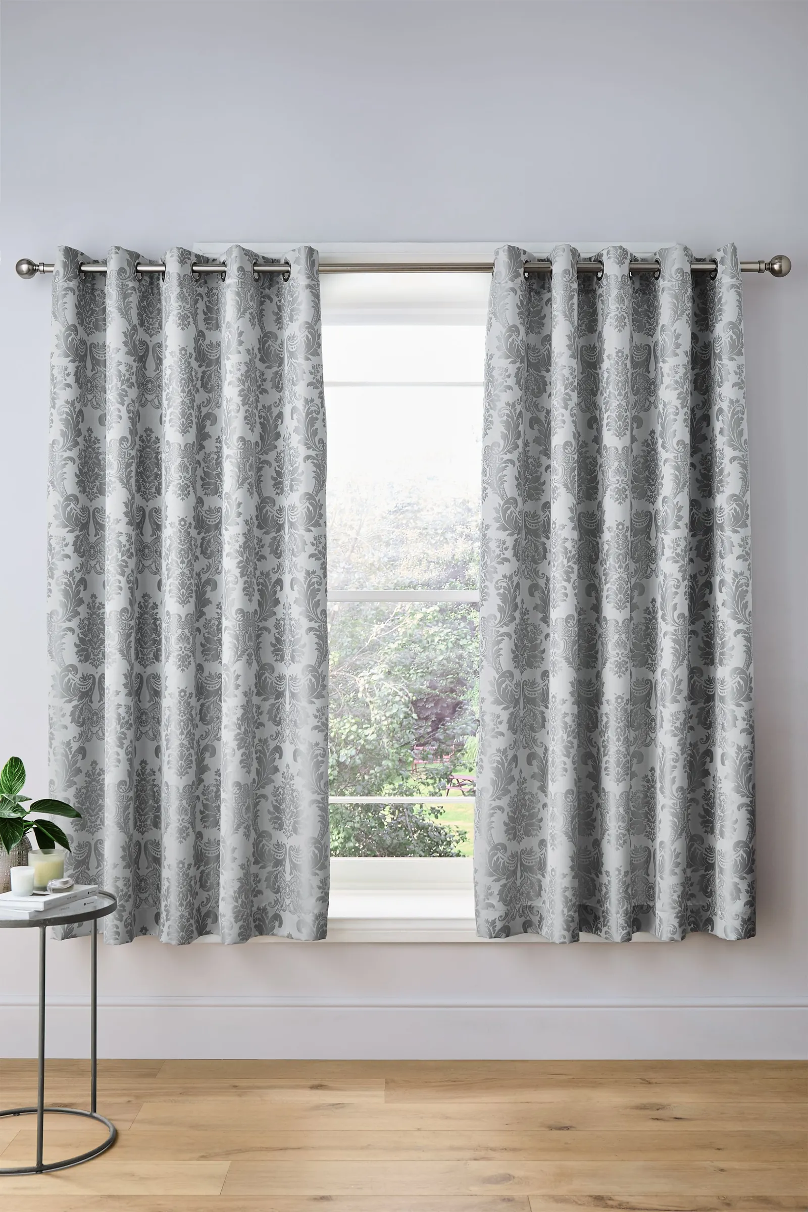 Catherine Lansfield 'Damask Jacquard' Lined Eyelet Curtains in Silver 1