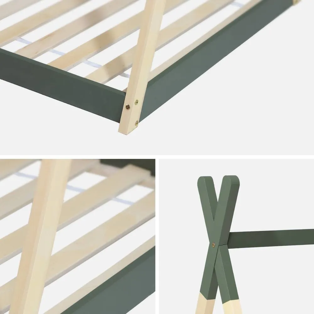 sweeek Kid's teepee bed 90 x 190cm natural pine slatted base included in Green 6