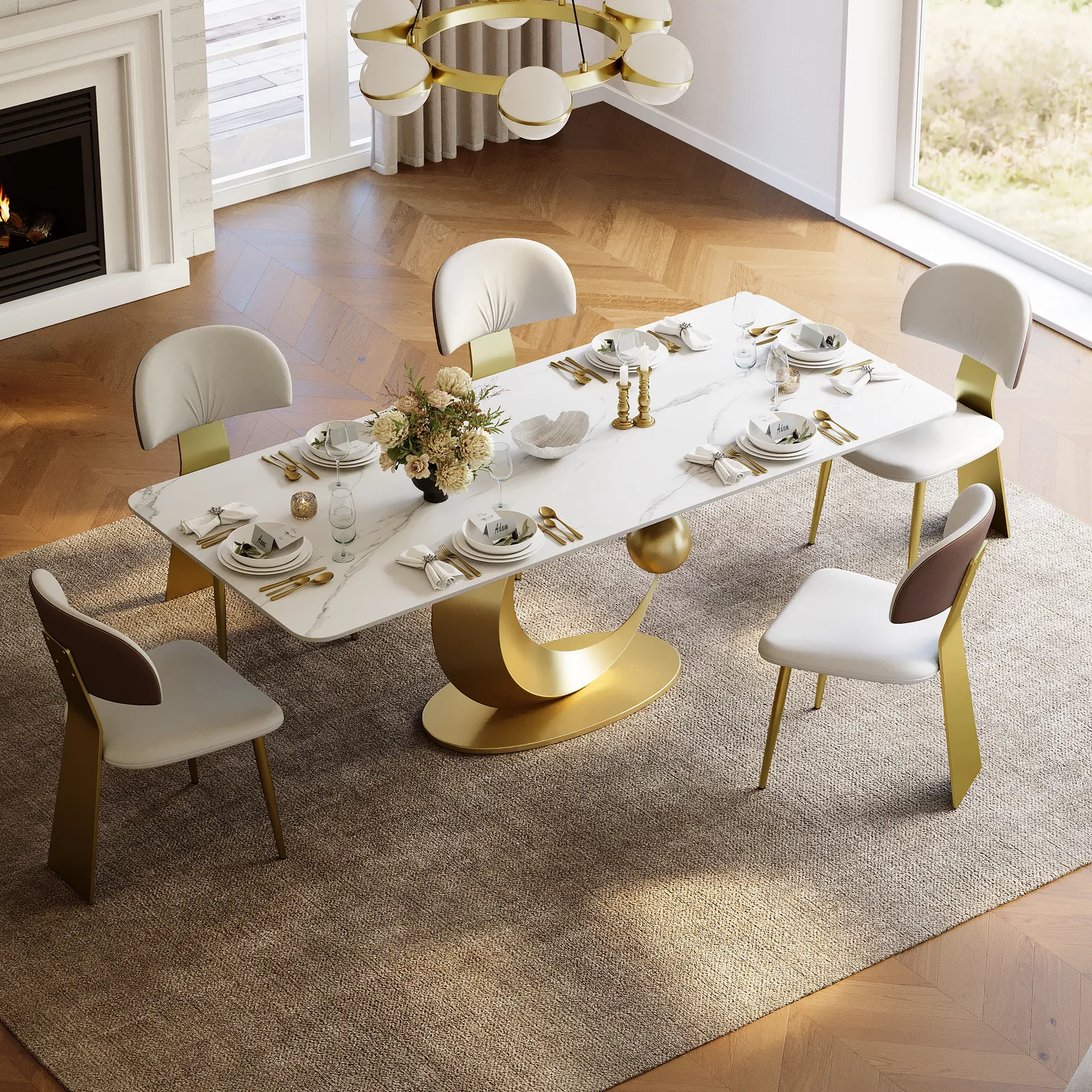 180 cm White Rectangular Dining Table Modern Faux Marble Tabletop with Pedestal Base