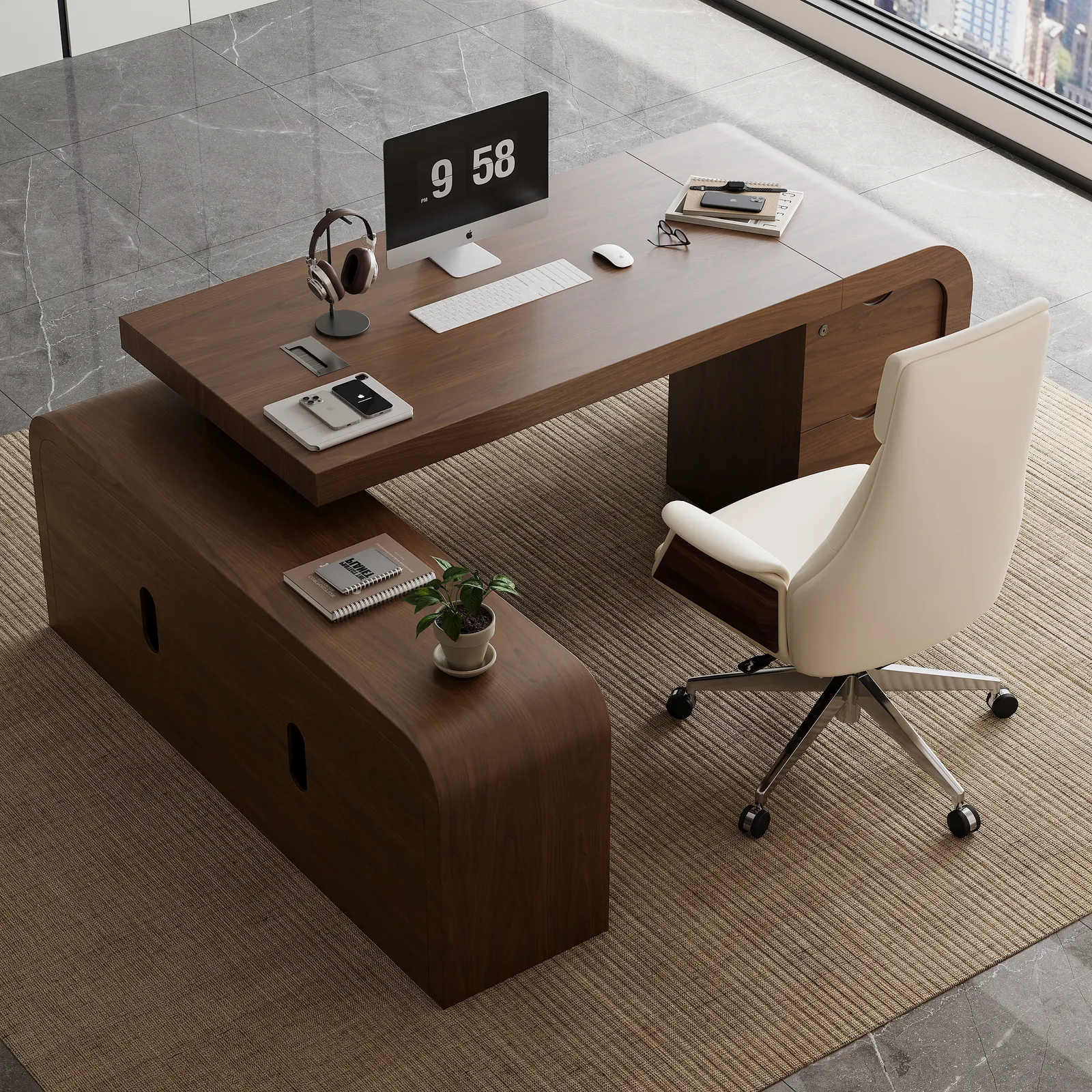 Modern 70.9" Walnut L-shaped Executive Desk with Durable Finish & Ergonomic Reclining Leather Office Chair