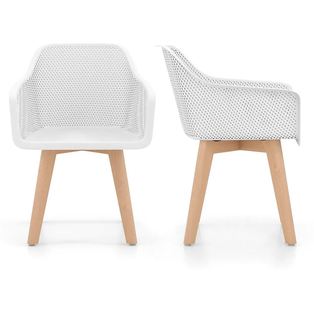 Costway Modern Plastic Dining Chairs Set of 2 Kitchen Armchairs w/Wood Legs in White