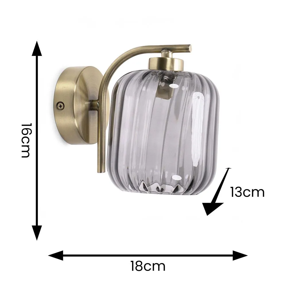 ValueLights Amelie Pair of Gold Stem Single Ribbed Glass Lamp Wall Light with LED Bulbs 6