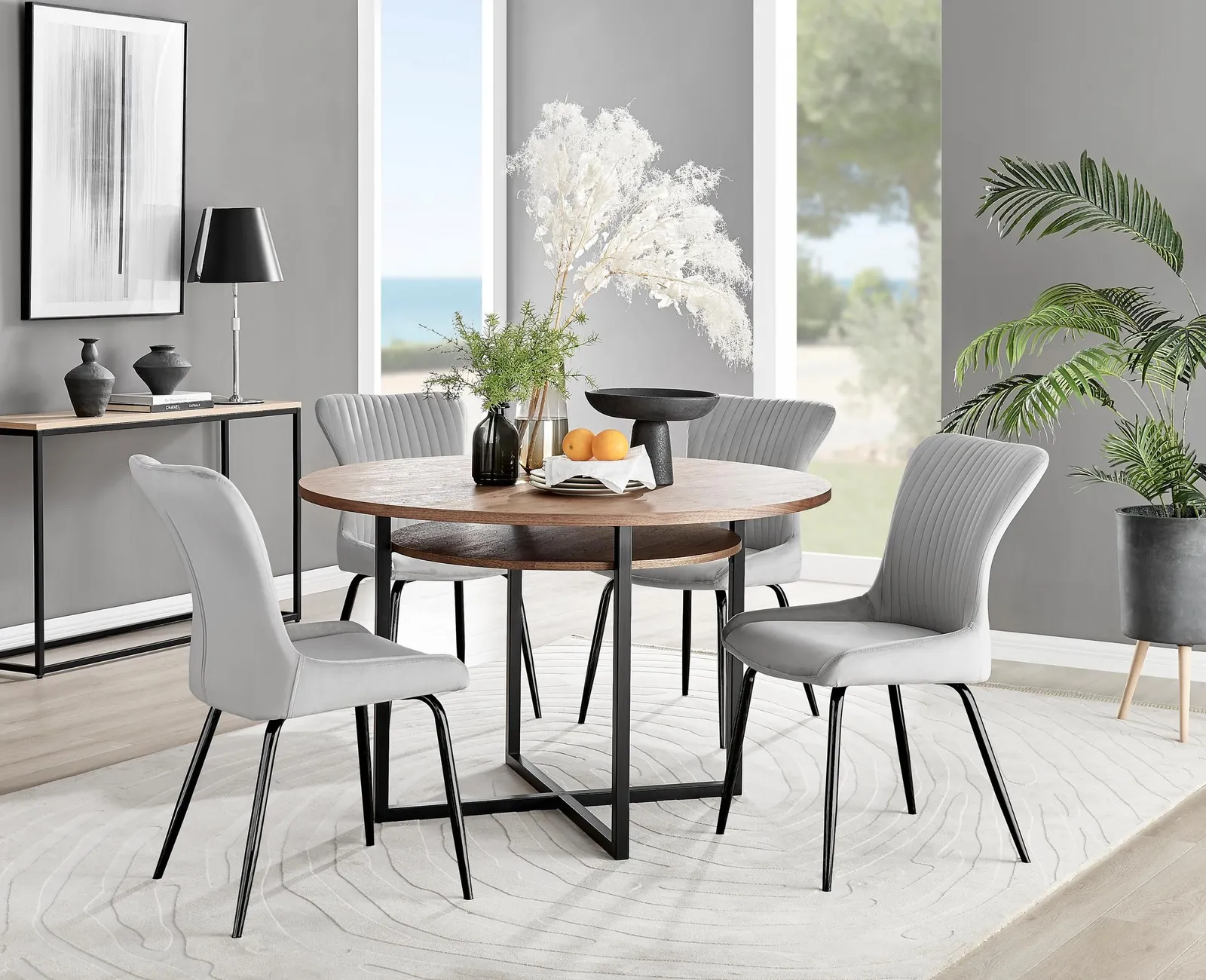 FurnitureboxUK Adley Brown Wood Storage Dining Table & 4 Nora Black Leg Chairs in Light Grey