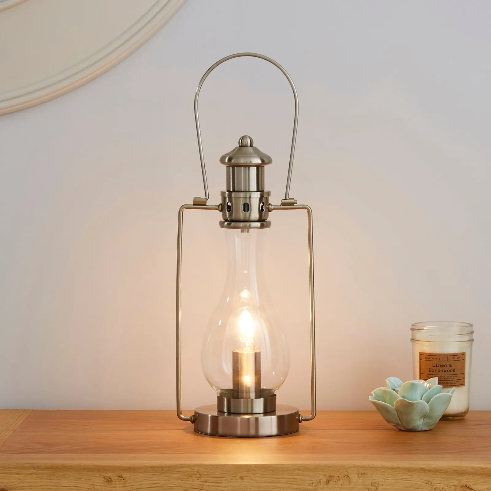 Horse Lantern Satin Nickel Table Lamp Silver