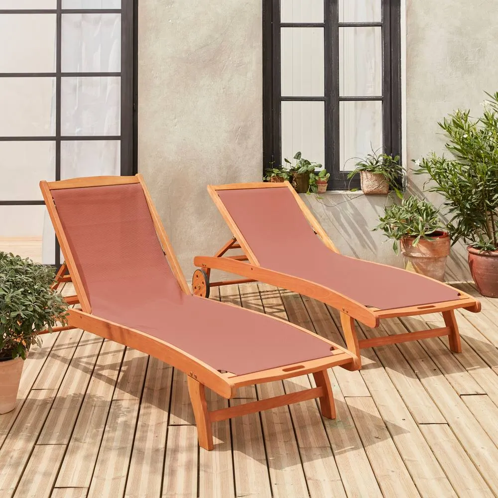 sweeek Pair of wooden & textilene sun loungers in Terracotta