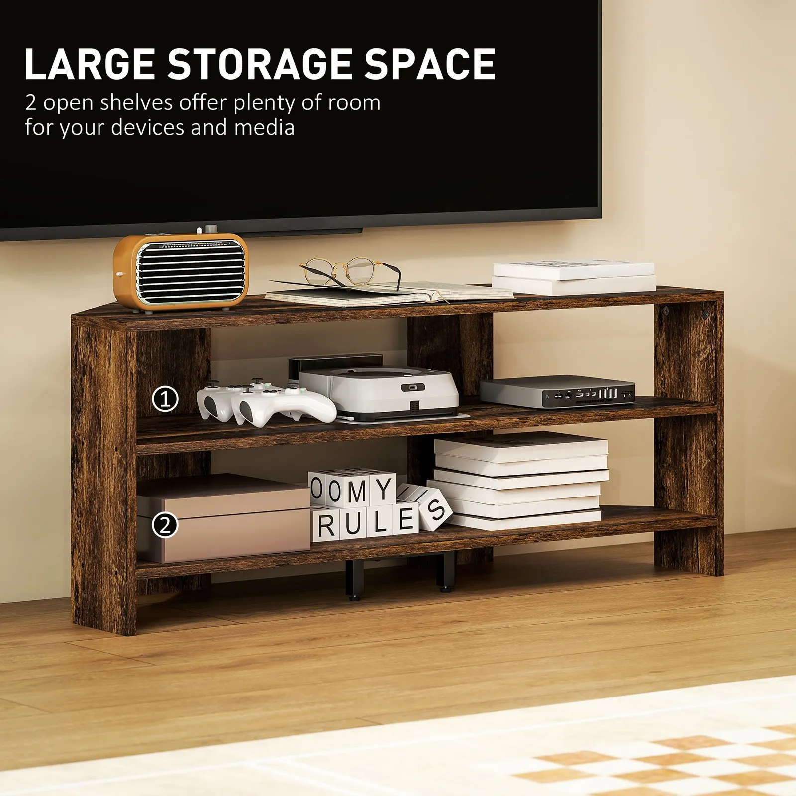 HOMCOM Corner TV Stand, TV Unit with Open Shelves for 47 Inch TV in Dark Brown 5