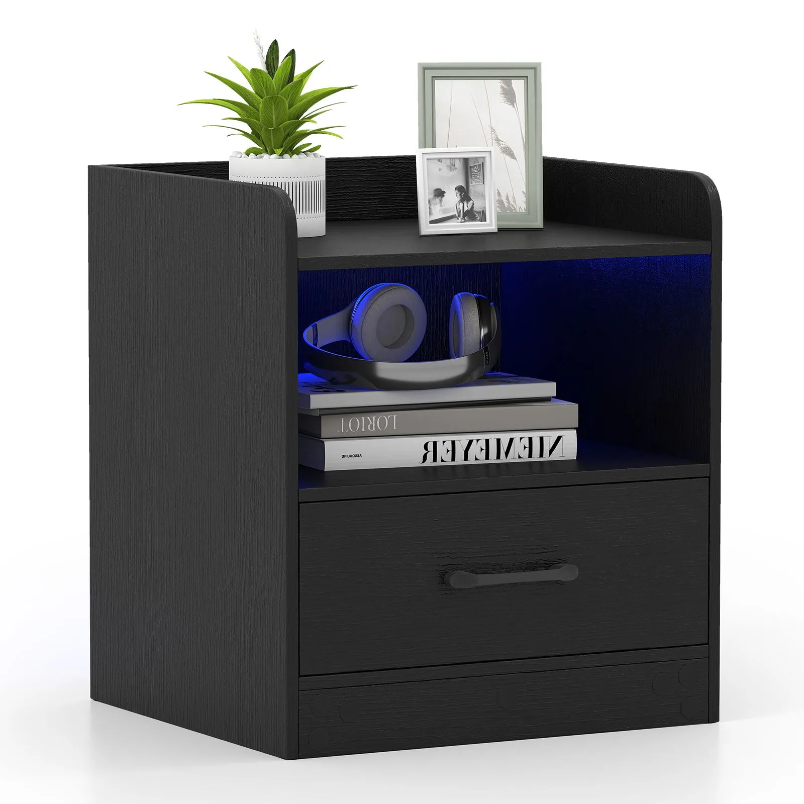 Costway Small Bedside Table Modern Nightstand with Drawer-Black in Black 2