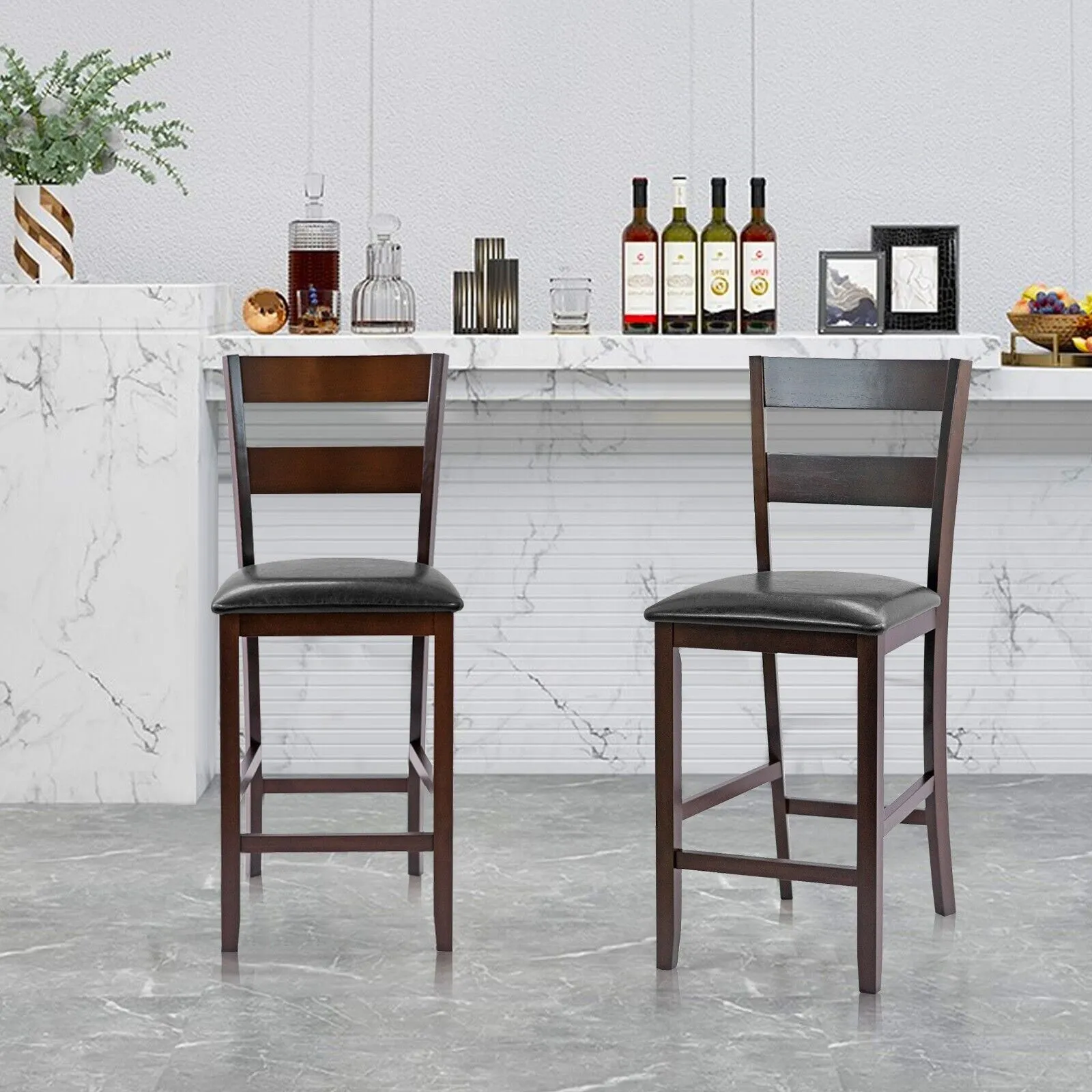 Costway Set of 2 Bar Stools Wood Padded Counter Height Pub Chairs Kitchen Dining Chair in Black 3