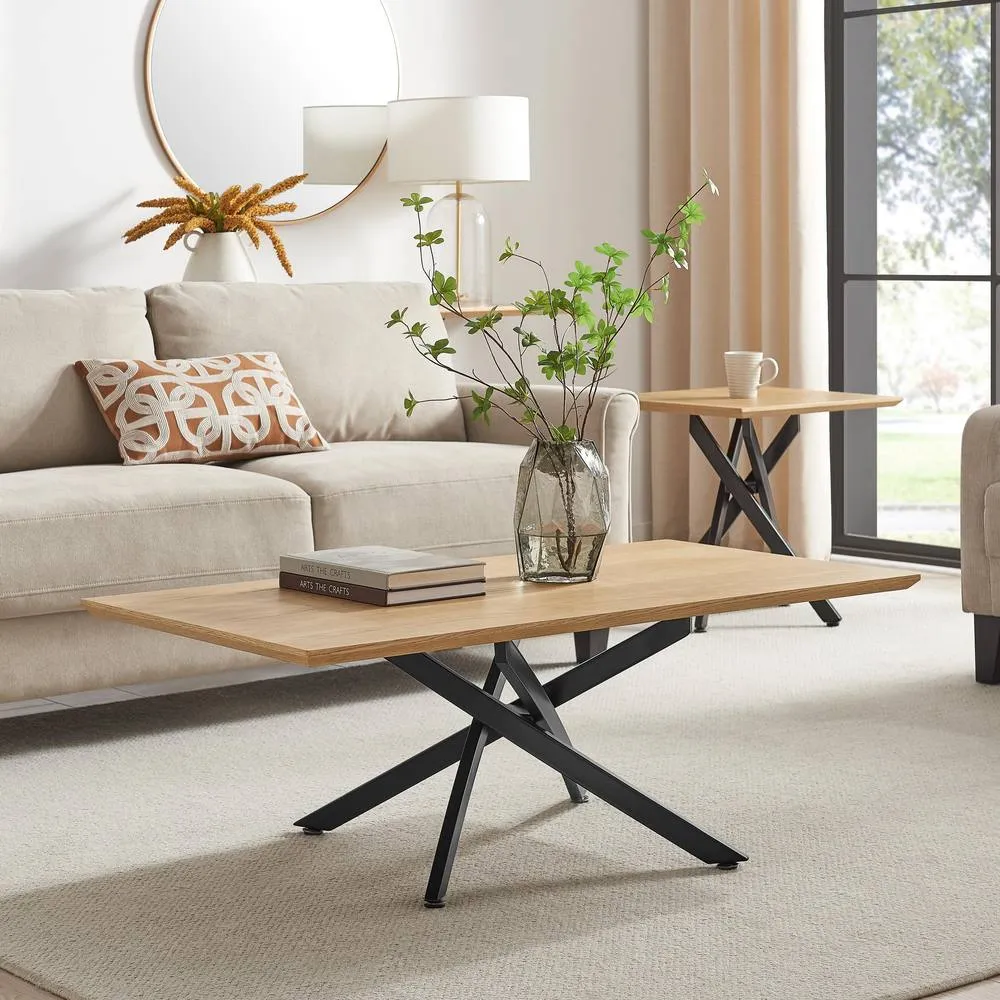 FurnitureboxUK Leonardo Rectangular Oak Veneer & Black Coffee Table in Light Brown